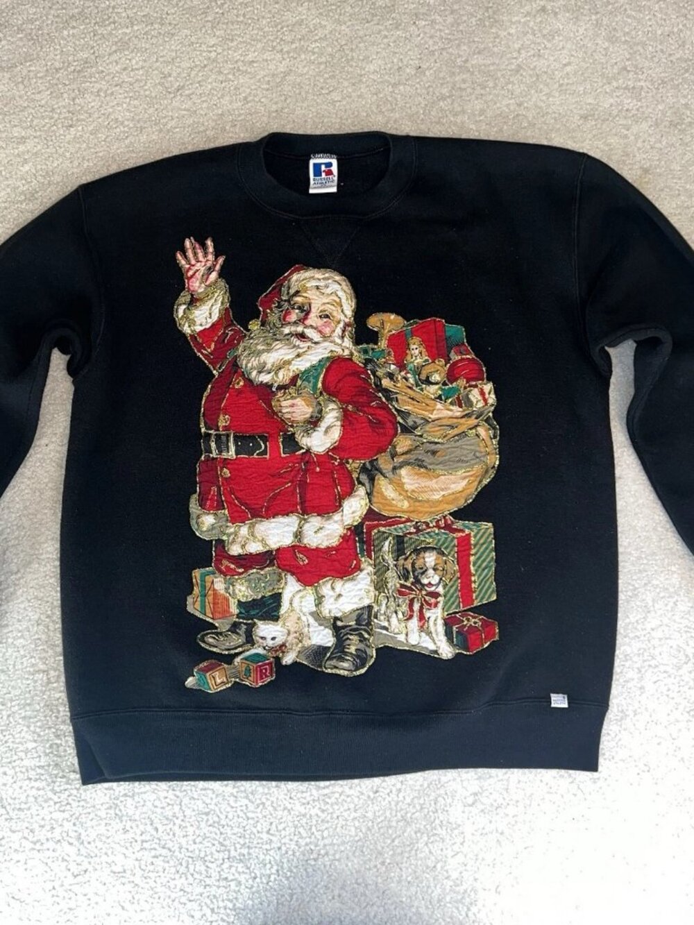 Vintage Russell Santa Christmas Sweatshirt Glitter Christmas XL Double Sided Cat